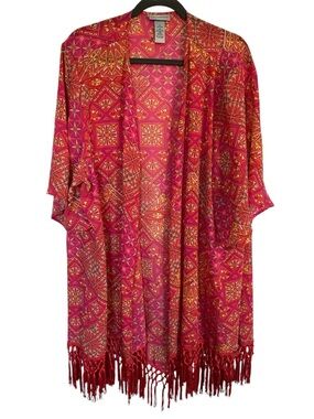 Catherines Fringe Kimono Duster 3X Sunset Orange Geo Top Open Front Vacation